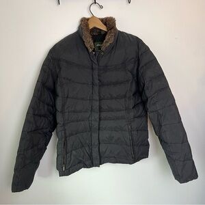 Woman’s Black Quilted Puffer Jacket Coat with Faux Fur Collar Goose Down XL